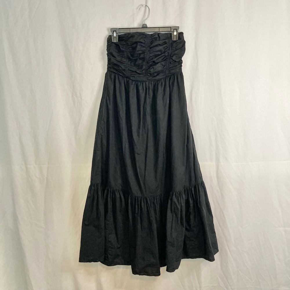 American Eagle Black Strapless Ruched Smocked Tiered Midi Dress S 100% Cotton